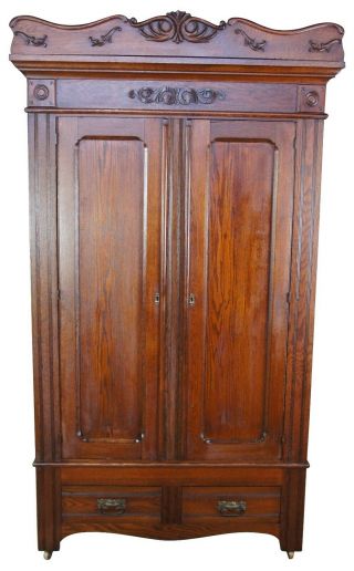 Antique Victorian Oak Knockdown Armoire Wardrobe Cabinet 89 "