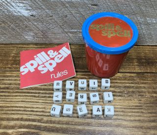 Vintage Spill & Spell Cup And 15 Letter Cubes And Instructions
