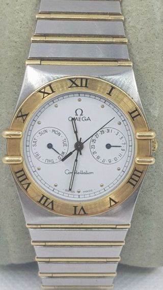 Omega Constellation 18k Gold & Steel Day Date Swiss Mens Quartz Watch