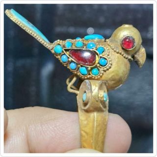 Rare Roman Old Parrot High Carat Gold Ring Garnet Turquoise Stone 10.  9 Grams 12