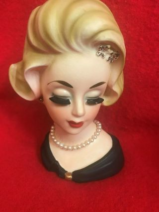 Vintage Fancy Lady Head Vase Marilyn Monroe? Faux Pearls Big Eye Lashes