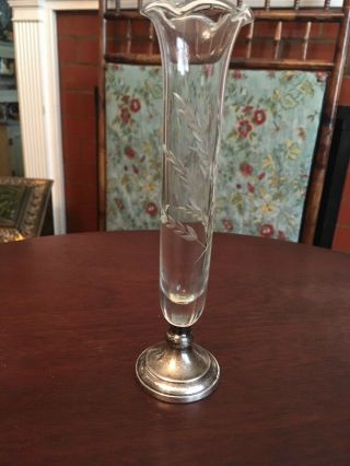 Vintage Etched Glass Bud Vase - Scalloped Top - Web Sterling Silver Base - 7.  25”