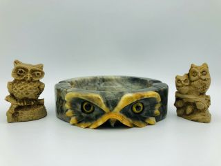 Vintage Carved Alabaster Owl Ashtray Yellow Glass Eyes & 2 - Two Stone Owl Figures