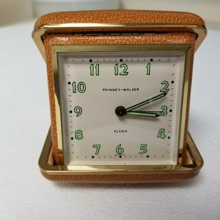 Vintage Phinney - Walker Wind - Up Travel Alarm Clock In Brown Case - Germany