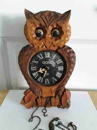 Vtg Old Carved Wood Owl Cuckoo Wall Clock Kyowa Mfg Co.  Tokyo Japan Moving Eyes