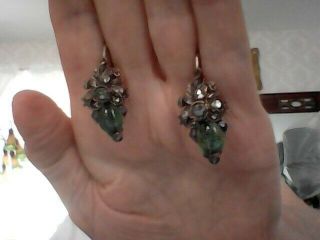 Antique 18cent.  Earrings Rose Cut Diamonds And Emerald,  Metal Not Marked
