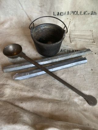 Vintage Cast Iron Lead Melting Pot With Early Bronze Ladle W/ Lead/tin? Alloy