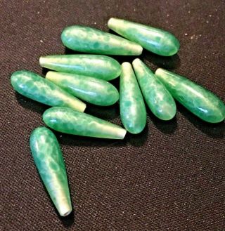 10 Vintage Green Speckled Glass Half 1/2 Drill Bead Drop Jade Green 3/4 " Long