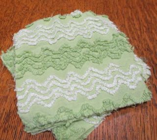 Set Of 12 Vintage 5 " Green White Squiggle Chenille Bedspread Fabric Squares