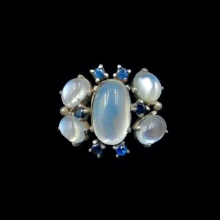 Antique Arts And Crafts Moonstone And Sapphire Statement Sterling Silver Ring