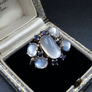 Antique Arts and Crafts Moonstone and Sapphire Statement Sterling Silver Ring 2