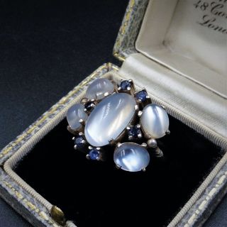 Antique Arts and Crafts Moonstone and Sapphire Statement Sterling Silver Ring 3