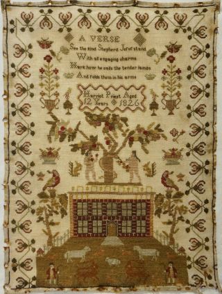 Early 19th Century Red House & Adam & Eve Sampler By Harriot Priest Aged 12 1826