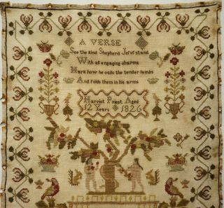EARLY 19TH CENTURY RED HOUSE & ADAM & EVE SAMPLER BY HARRIOT PRIEST AGED 12 1826 2