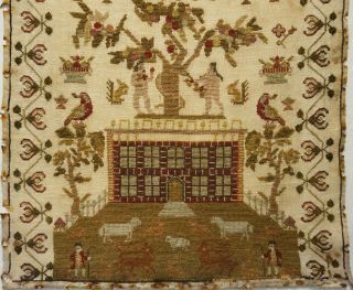 EARLY 19TH CENTURY RED HOUSE & ADAM & EVE SAMPLER BY HARRIOT PRIEST AGED 12 1826 3