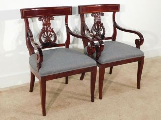 Pair Kindel Furniture Neoclassical York Empire Mahogany Arm Dining Chairs