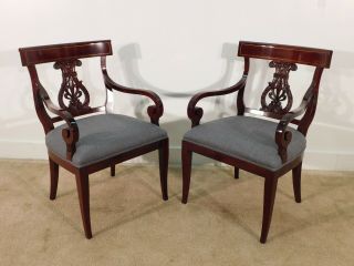 Pair Kindel Furniture Neoclassical York EMPIRE Mahogany Arm Dining Chairs 2