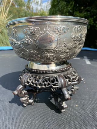 An Important 19th Century Chinese Dragon Silver Bowl & Stand
