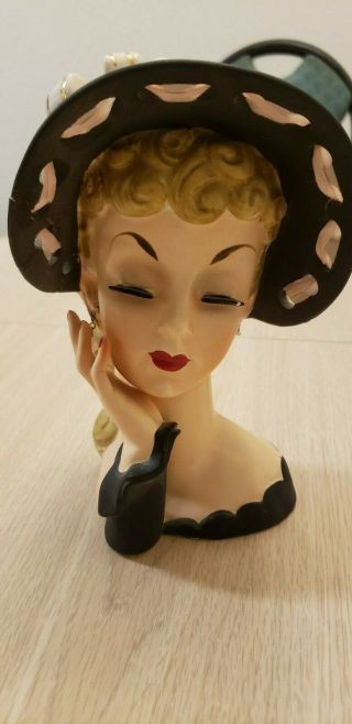 Vintage Napco Lady Head Vase Planter Black Hat Eyelashes Rare