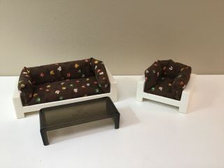 Vintage Fisher Price Dollhouse Furniture 1977 Sofa Chair Coffee Table Brown