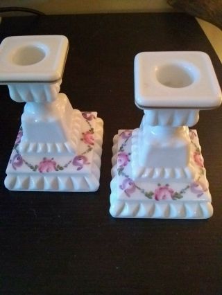 Vintage Westmoreland Milk Glass Hand - Painted Roses & Bows Candlesticks