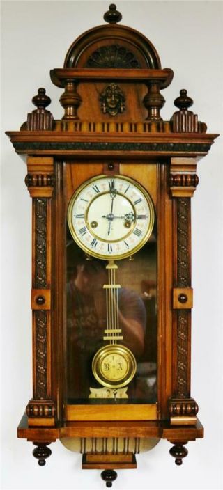 Antique Hac 8 Day Striking Carved Walnut Vienna Regulator Wall Clock