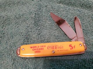 Vtg Coca Cola World Fair 1933 Chicago Double Blade Pocket Knife Yellow K28