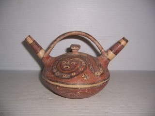 Pre - Columbian Peru Huari Snake Pottery Double Spout Stirrup Vessel
