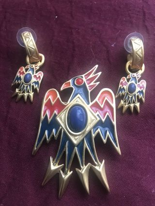Vintage Bob Mackie Egyptian Phoenix Gold Tone Enamel Bird Brooch Pin Earrings