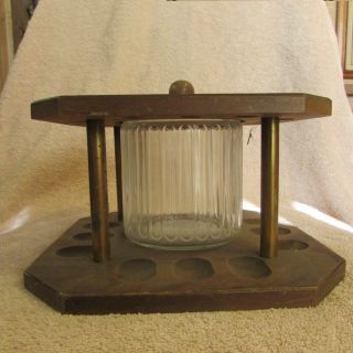 Vintage Walnut Wood 12 Pipe Holder Glass Humidor Canister Center