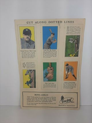 Babe Ruth 1928 Vintage " Fro - Joy Ice Cream " Uncut Sheet Cards Reprint
