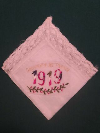 Vintage Embroidered 1919 Souvenir De France Handkerchief,  Lace Trim