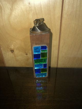 Vintage Table Lighter On Wood Base With Glass Inlay