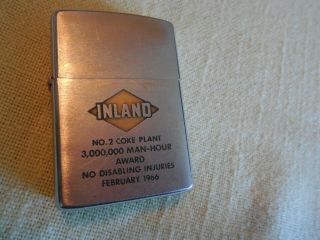Vintage Zippo Lighter 1966 Inland Steel Co Coke Plant Award For No Dis Injuries