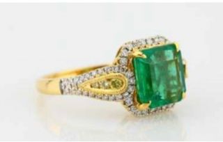 Vintage 2.  5ct Emerald & Diamond Ring Size 7 Estate Antique 18k Gold Engagement