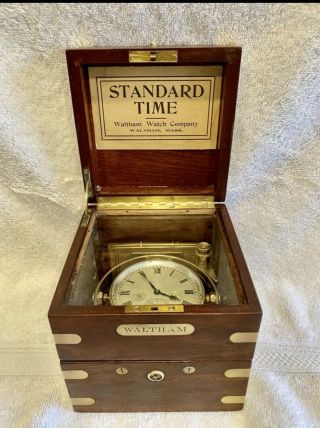 Antique Waltham 8 Day Marine Chronometer In Gimbaled Mahogany Box