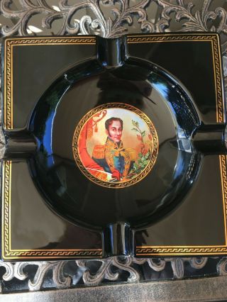 Vintage Simon Bolivar Cigar Ashtray Black Gold Trim Ceramic