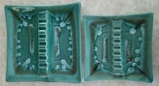 Vintage Mid Century Modern Ashtray Green Aqua Drip Glaze Usa Pottery