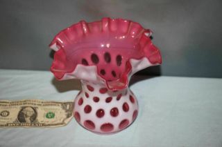 Vintage Coin Dot Thumbprint Cranberry Glass 6 " Vase Ruffled Edge Opalescent Pink