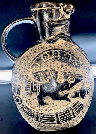 Pre Columbian Style Vintage Blackware Ceramic Stirrup Vessel Vase Jug Pottery