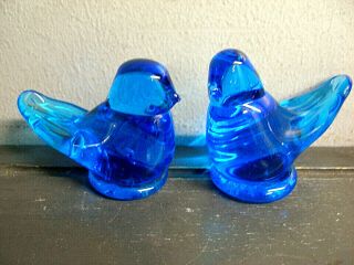 Vintage Set 2 Art Glass Bird Figurines Signed By Ron Ray Blue Bird Of Happiness