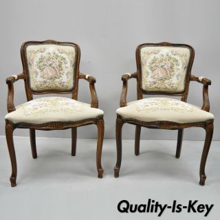 Vintage French Louis Xv Style Floral Tapestry Fabric Chairs Armchairs