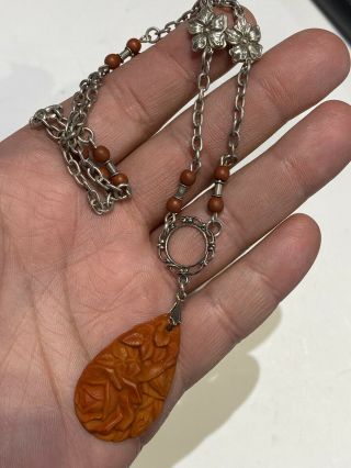 Vintage Sterling Silver Chain Necklace With Carved Orange Stone Flowers Coral