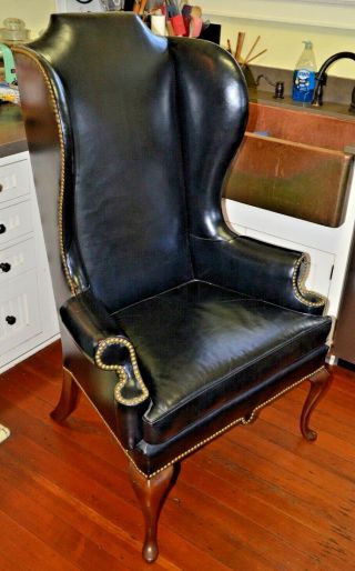 Stunning Vintage Heritage By Drexel Black Leather Wing Back Chair - Usa