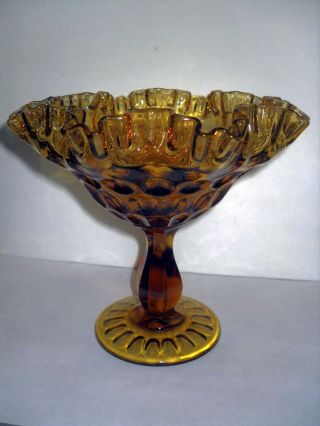 Vtg Fenton Amber Glass Thumbprint Compote Ruffled Crimped Edge Centerpiece Bowl