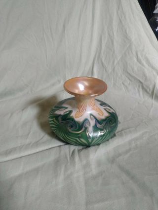 Antique Art Glass Quezal Pulled Feather Vase W Iridescent,  Mrkd Size