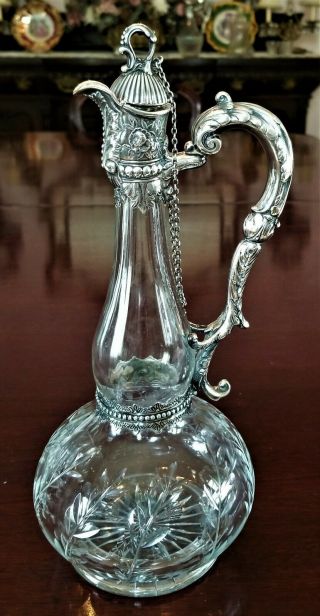 Antique Cut Glass Crystal Sterling Silver Claret Jug Liqueur Wine Decanter