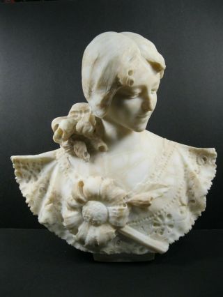 Antique Classical Italian Carved Alabaster Young Woman Portrait Sculpture Maiden