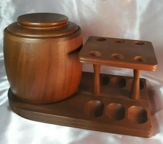 Vintage Solid Hardwood Pipe Stand & Wood Tobacco Jar,  Humidor.  Holds 6 Pipes.