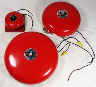 Set Of 3 Vintage Red Metal Wall Fire Alarm Bells Ademco 10 ",  8 " & Gamewell 4 "